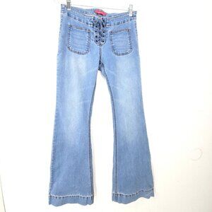 Vintage Forever 21 Light Wash Lace up Y2K 90s Ultra Flared Low Rise Denim Jeans